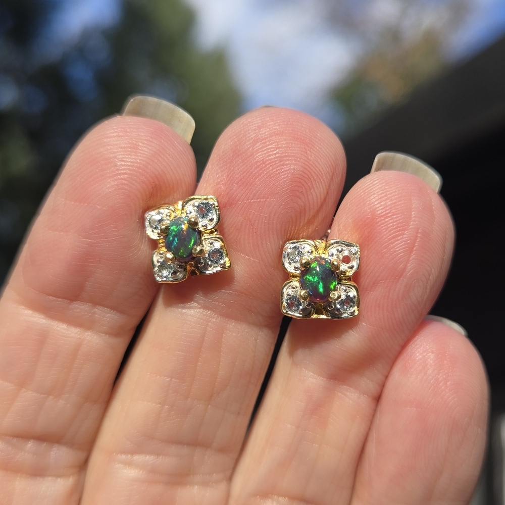 Black Opal & Topaz Natural Gemstone Sterling & Gold Earrings - Picture 7 of 10
